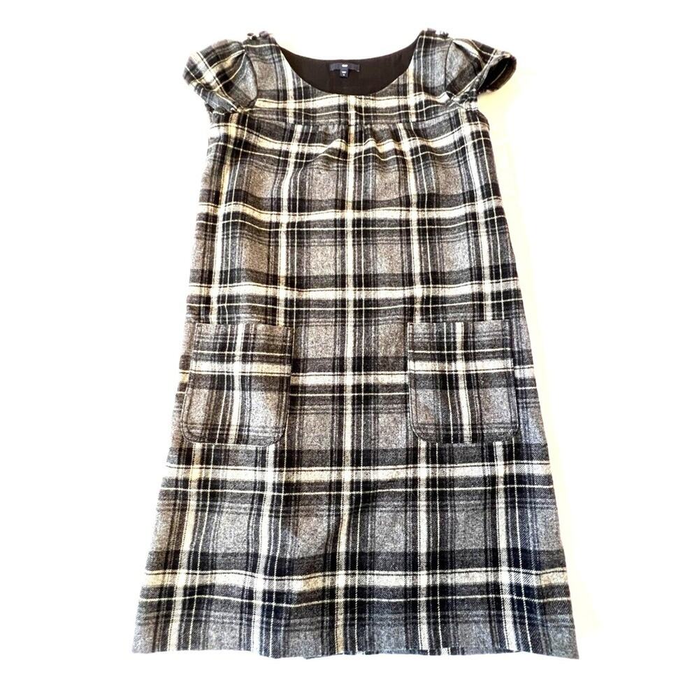 Gap Dress Women's Gray Plaid Wool Blend Casual Short Sleeve Side Zip Lined Sz. 6